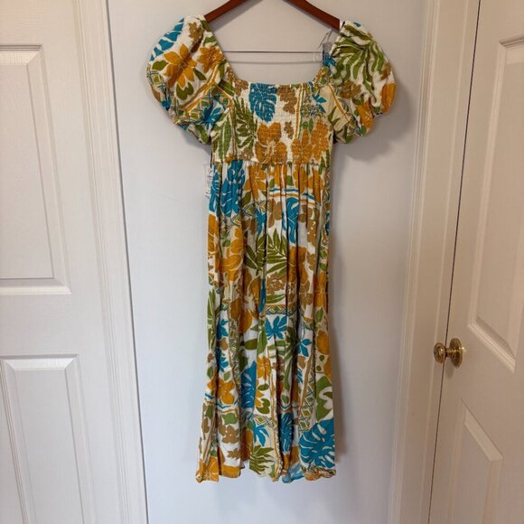 Japna Midi Dress Off white blue green Floral Size XS NWT Puffy Sleeves Linen - Picture 9 of 9